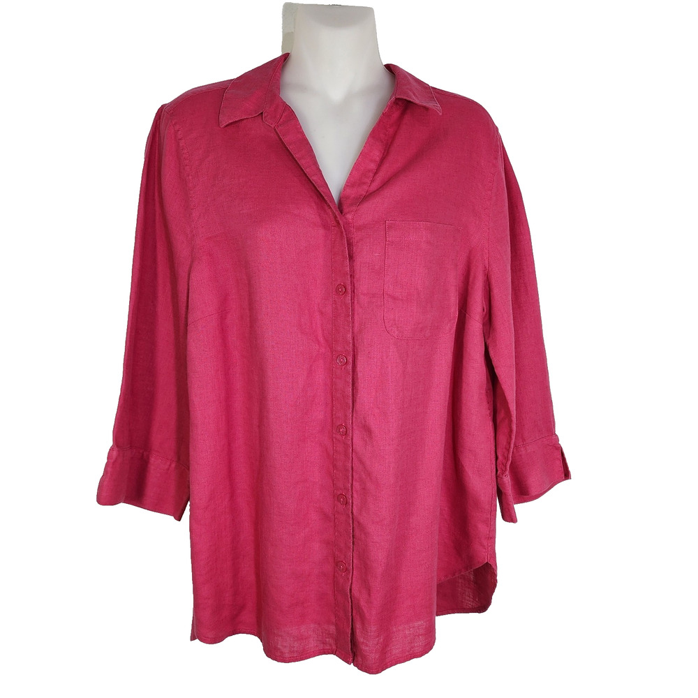 Chico's Womens Shirt Size 1 US 8/10 100% Linen 3/4 Length No Iron Button Up Pink